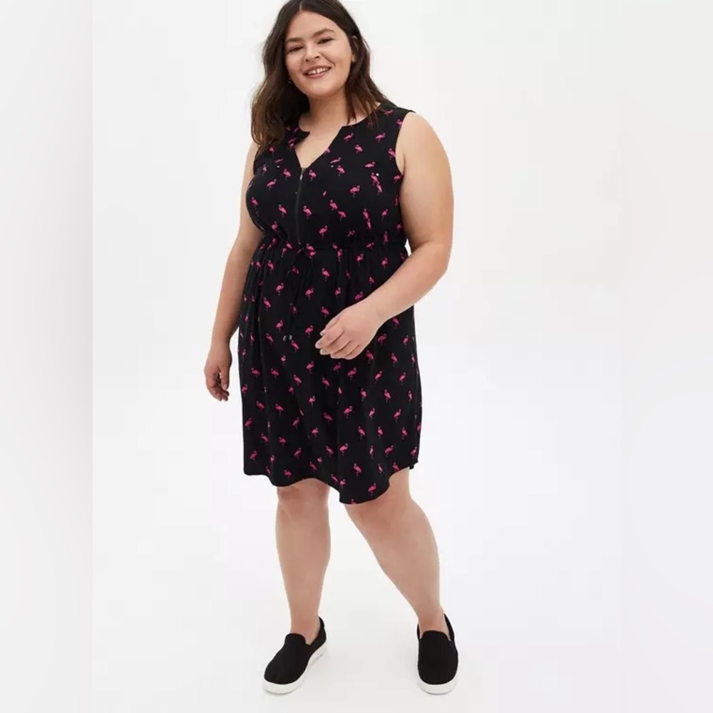 Torrid Black Pink Flamingo Zip Front Challis Shirt Dress Pockets 5X